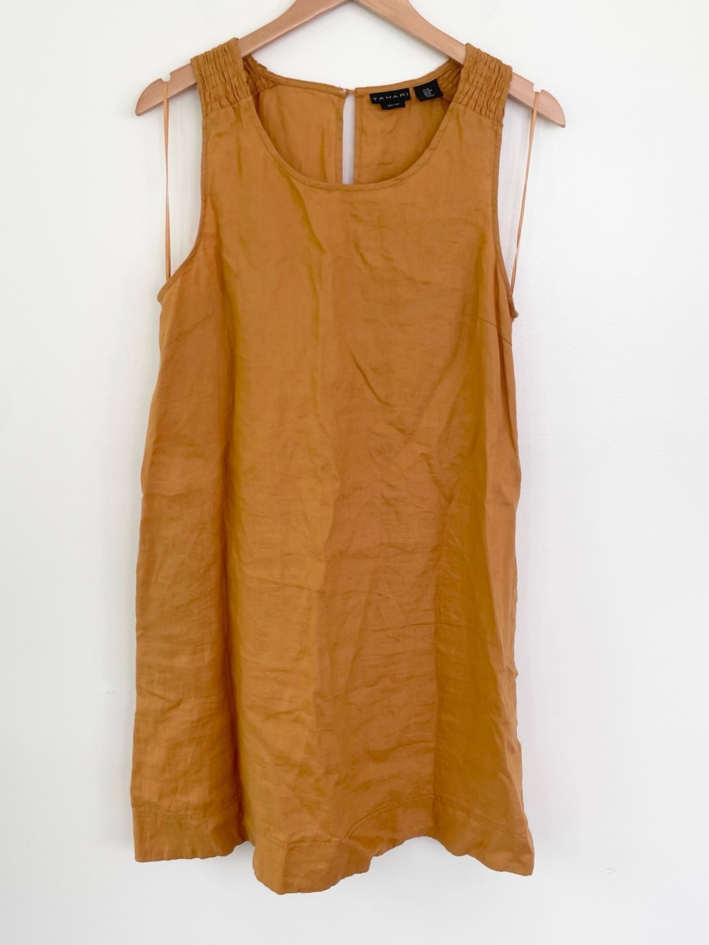Tahari 100% Linen Marigold Yellow Sleeveless Shift Dress M Medium Lagenlook